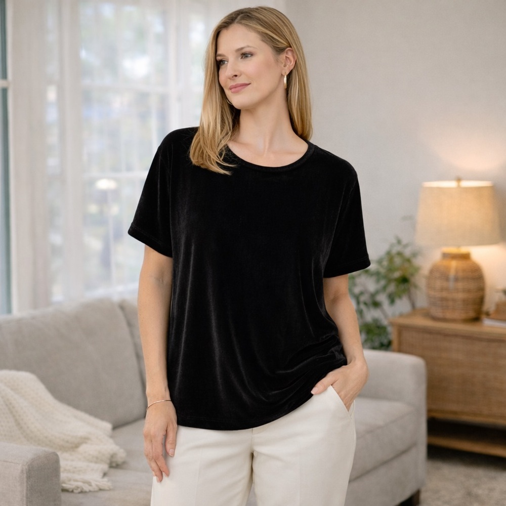 Two by Vince Camuto Women’s Black Velvet Crew Neck Tee Top Size XL